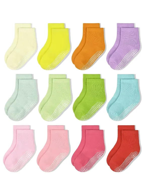 Non-Slip Toddler Socks With Grips 12 Pairs Kids Anti Slip Sticky Socks For Infant 6-12 Months 1-10 Years Kids Toddler Slipper Socks