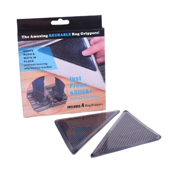 Non-Slip Triangle Rug Grippers 4 Pcs, 6.1"x4.33" Reusable PU Carpet Holders, Washable Anti-Slip Pads for Securing Rugs on Hardwood/Tile Floors