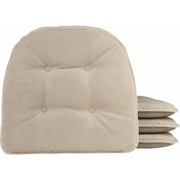 Non-Slip Tufted Chair Cushions for Dining Room, Kitchen and Office Use, U-Shaped Skid-Proof Seat Pad, 15x16 Inches, 4 Pack, Stone