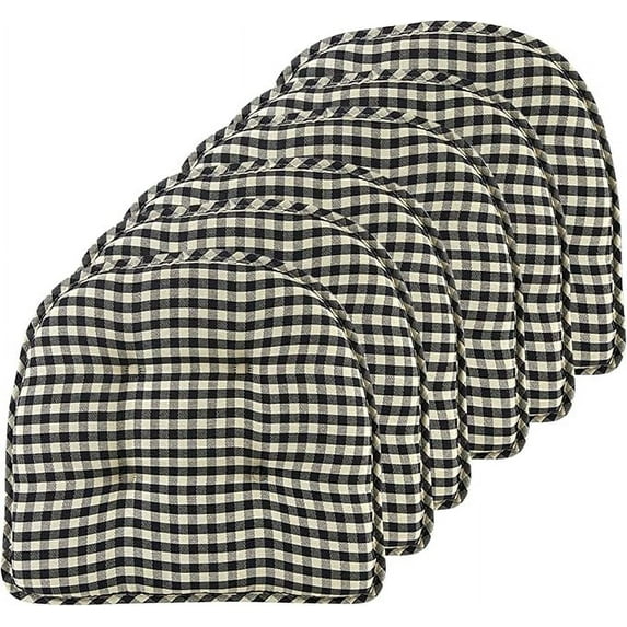 Non-Slip Tufted Chair Cushions for Dining Room, Kitchen and Office Use, U-Shaped Skid-Proof Seat Pad, 15x16 Inches, 6 Pack, Gingham Black