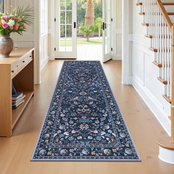 Ileading 2x6 Runner Rug for Hallway, Washable Kitchen Runner Rug with Non Slip Backing, Low Pile Soft Boho Floral Runner for Kitchen, Hallway, Entryway, Laundry, Bedroom