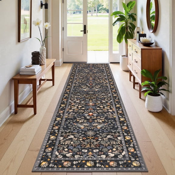 Ileading 2x8 Runner Rug for Hallway, Washable Kitchen Runner Rug with Non Slip Backing, Low Pile Soft Boho Floral Runner for Kitchen, Hallway, Entryway, Laundry, Bedroom