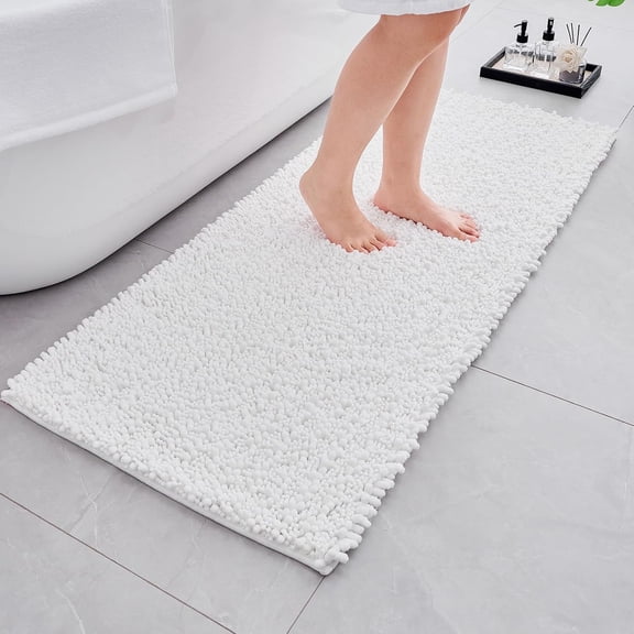 Non Slip Washable Bathroom Rug 60 X 24 Inches Extra Thick Soft Chenille Absorbent Quick Dry Plush Shaggy Floor Mat White