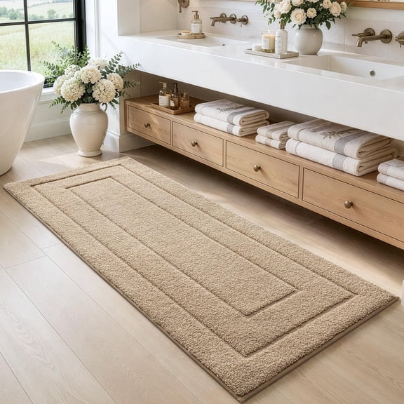 Non Slip Washable Bathroom Rug Runner 72 X 24 Inches Rectangular Absorbent Soft Microfiber Bath Mat with Rubber Backing Quick Dry Beige