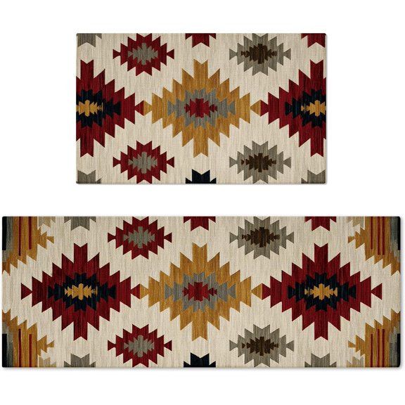 Non Slip Washable Diamond Pattern Retro Kitchen Mats Set of 2, Home Decor Absorbent Natural Rubber Back Home Decor Kitchen Rugs for Floor - 17x29 and 17x47 Inch