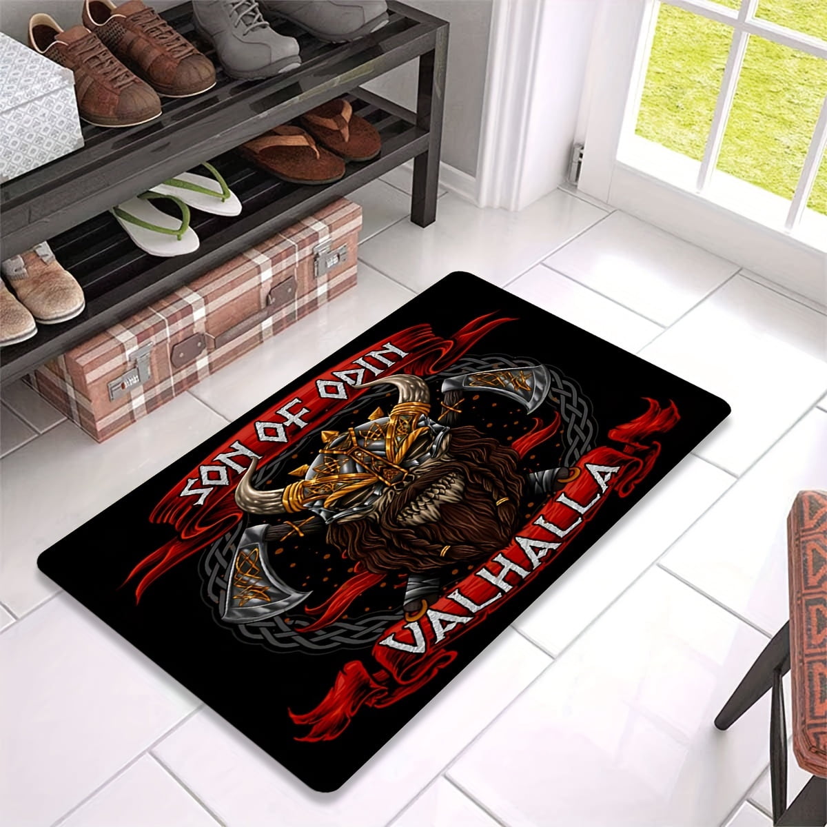 Flenno Rug Non-Slip Washable Flannel Rug with Viking Warrior Design for Entryway ...