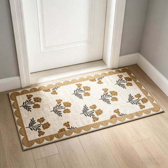 Non Slip Washable Kitchen Runner Rug - Beige Floral Hallway Runner Rugs Soft Boho Runners for Hallways Vintage Farmhouse Scalloped Laundry Room Rug Floor Rugs for Bedroom Entryway Bathroom