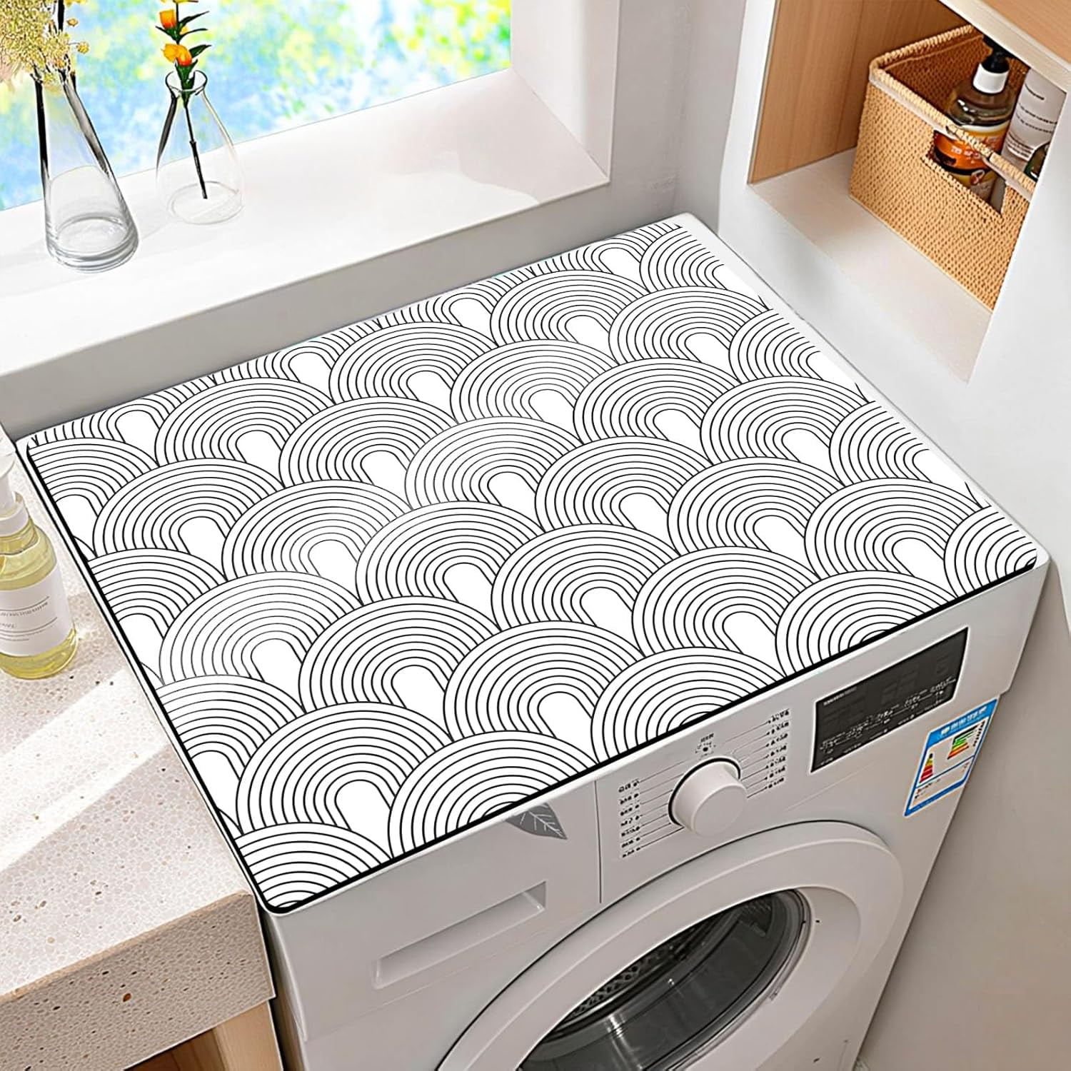 Non-Slip Washer & Dryer Top Cover Protector Mat Dust-Proof Washing Machine Cover Pad With Black White Modern Arched Design Universal 23.6"x19.7" for Laundry Room & Kitchen Decor