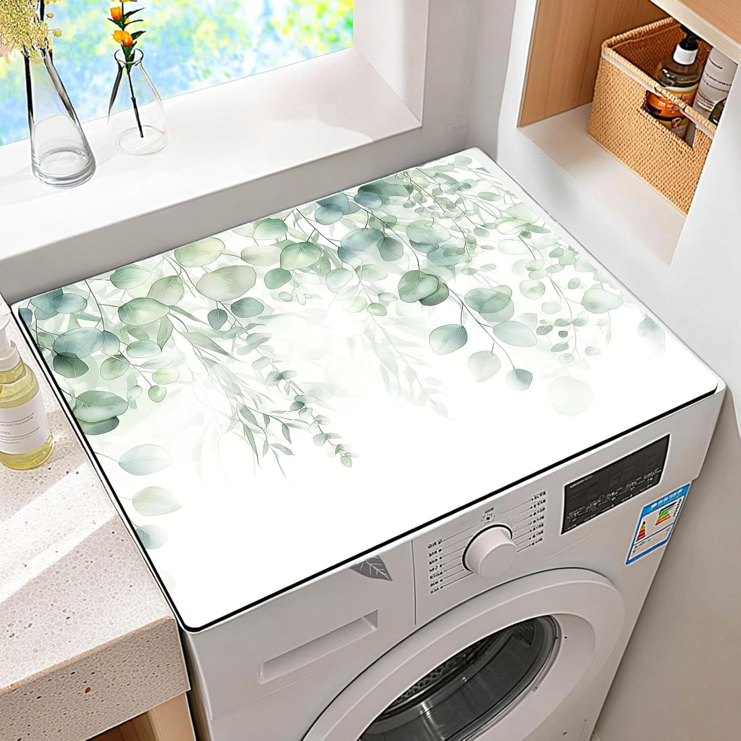 Non-Slip Washer & Dryer Top Cover Protector Mat Dust-Proof Washing Machine Cover Pad With Green Leaf Design Universal 23.6"x19.7" for Laundry Room & Kitchen Decor