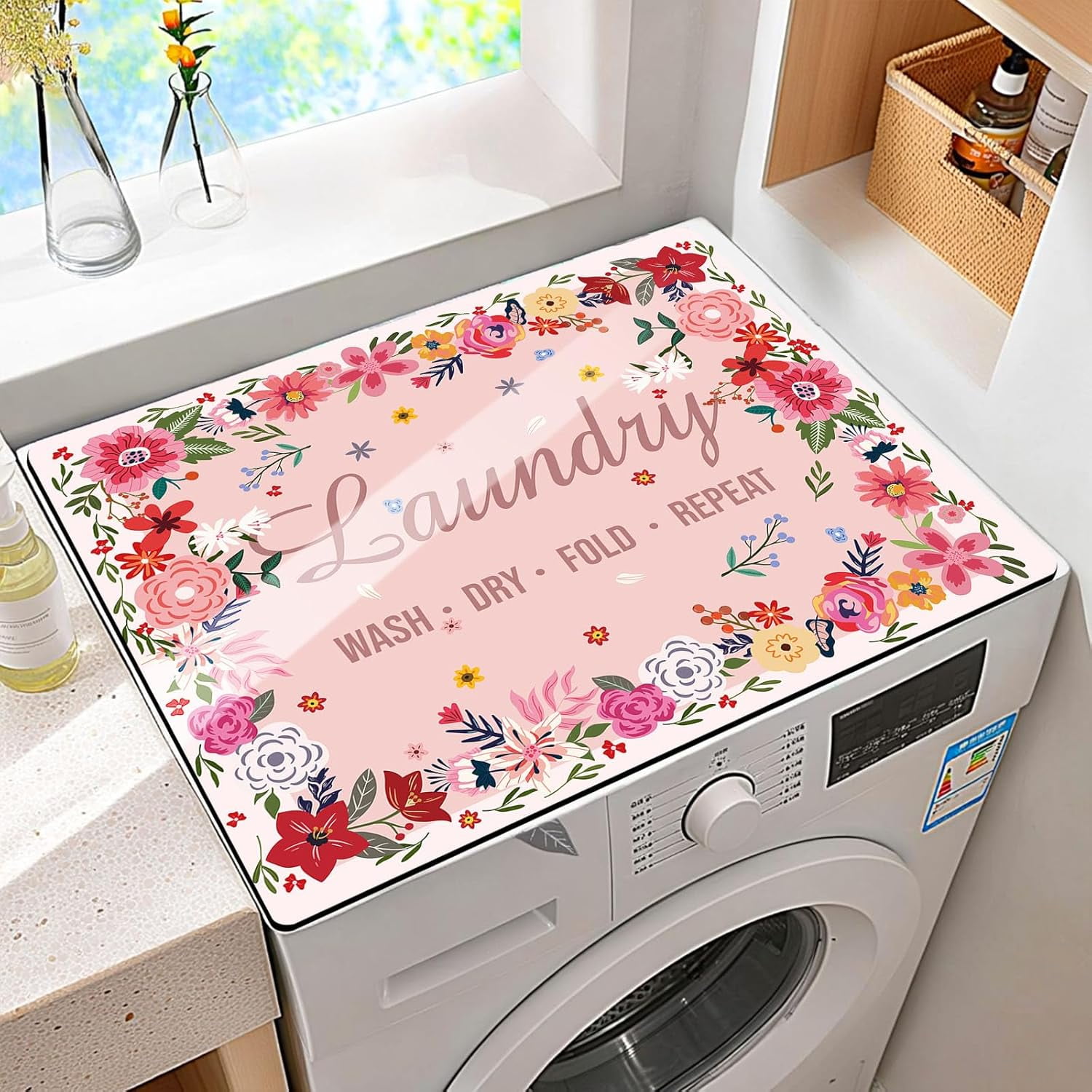 Non-Slip Washer & Dryer Top Cover Protector Mat Dust-Proof Washing Machine Cover Pad With Pink Floral Laundry Sign Design Universal 23.6"x19.7" for Laundry Room & Kitchen Decor