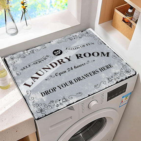 Non-Slip Washer & Dryer Top Cover Protector Mat Dust-Proof Washing Machine Cover Pad With Vintage Gray Laundry Sign Design Universal 23.6"x19.7" for Laundry Room & Kitchen Decor