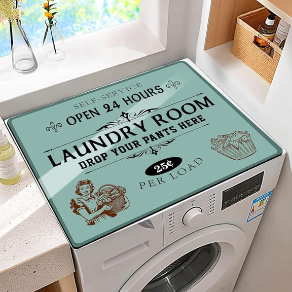 Non-Slip Washer & Dryer Top Cover Protector Mat Dust-Proof Washing Machine Cover Pad With Vintage Teal & Green Laundry Sign Design Universal 23.6"x19.7" for Laundry Room & Kitchen Decor