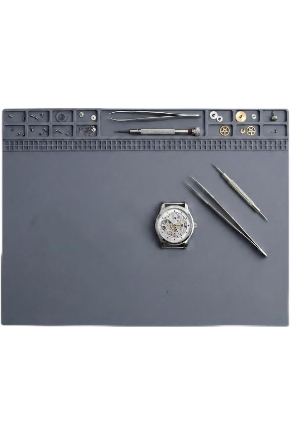 Non-Slip Watch Repair Mat with Parts Organizer - Anti-Static Rubber Work Pad for Jewelers & Watchmakers - Gray Maintenance Platform Table Mat with Screw Compartments (13.8" x 9.8")