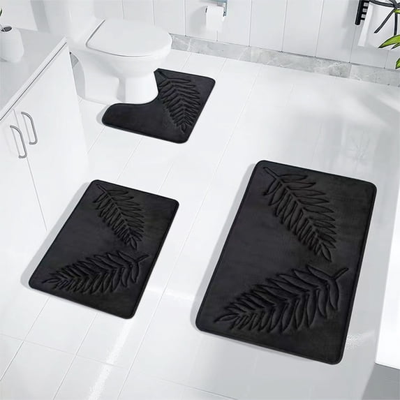 Non-Slip Water Absorbent Bath Mat Set for Bathroom, Living Room, Bedroom, Kitchen, 3-Piece Floor Mats with Quick Dry, Modern Leaf Design and Enhanced Safety