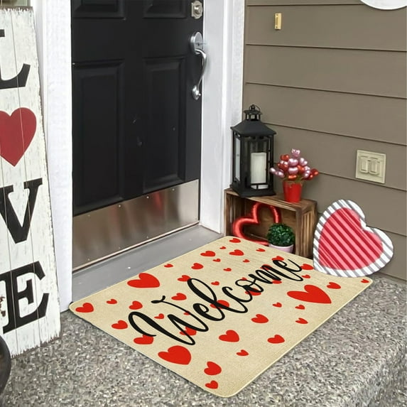 Non-Slip Welcome Doormat with Heart Pattern for Front Door Entryway, Polyester Indoor Outdoor Rug for Valentine's Day Home Holiday Decor(E)