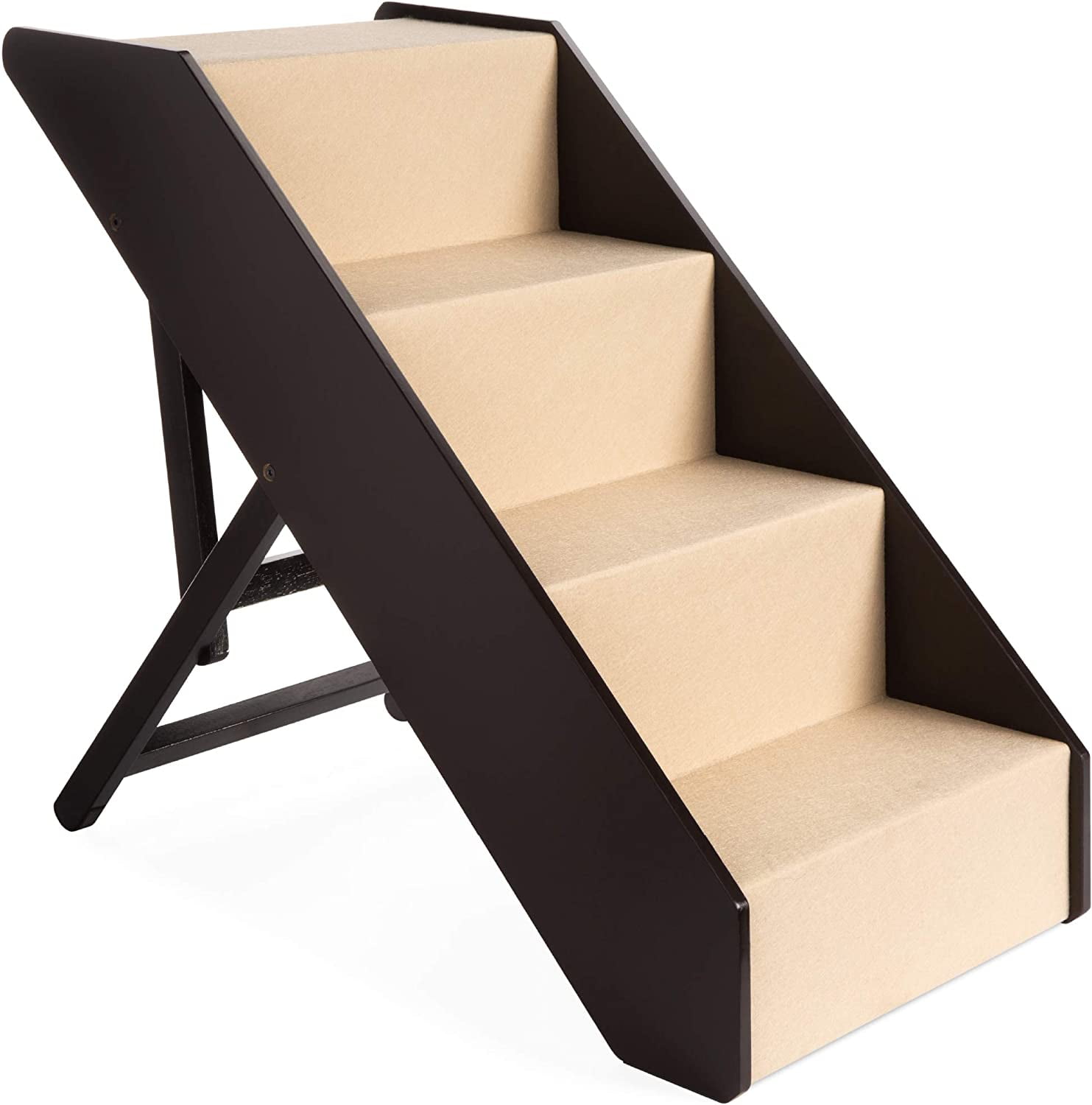 Adjustable Foldable 4-Step Black and Beige Wooden Pet Stairs