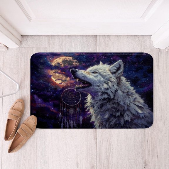 Non Slip Wolf Dream Catcher Bath Mat Soft Fleece Polyester Bath Rug Purple Galaxy Moon Bathroom Floor Indoor Doormat 16x24 Inch