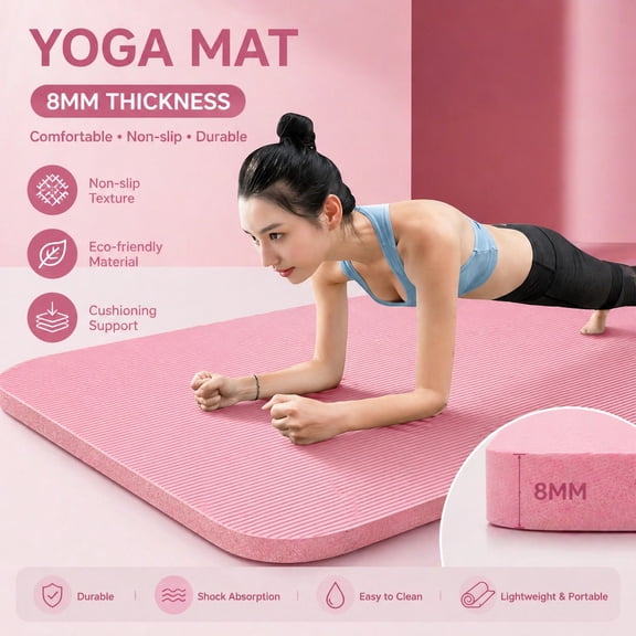 Non-Slip Yoga Mat, 8mm Thick Eco-Friendly TPE Exercise Mat with Carry Strap, Non-Toxic, Shock Absorbent, for Home Gym, Pilates, Workout