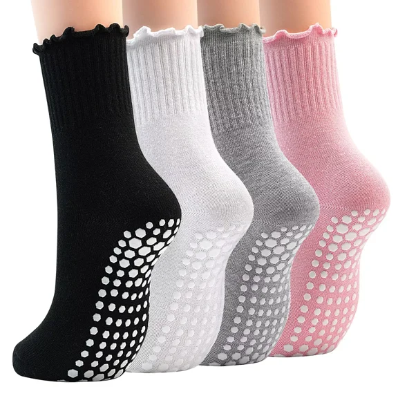 Non Slip Yoga Socks 4 Pairs Women Pilates Grip Socks for Yoga Barre Home Workout Hospital Size 5-8