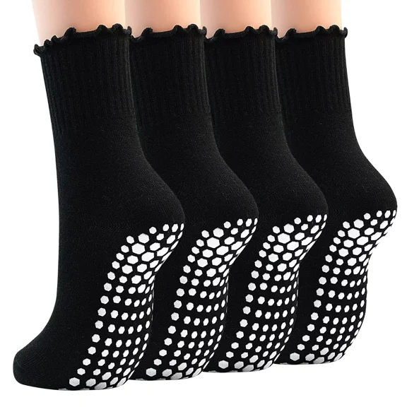 Non Slip Yoga Socks 4 Pairs Women Pilates Grip Socks for Yoga Barre Home Workout Hospital Size 5-8