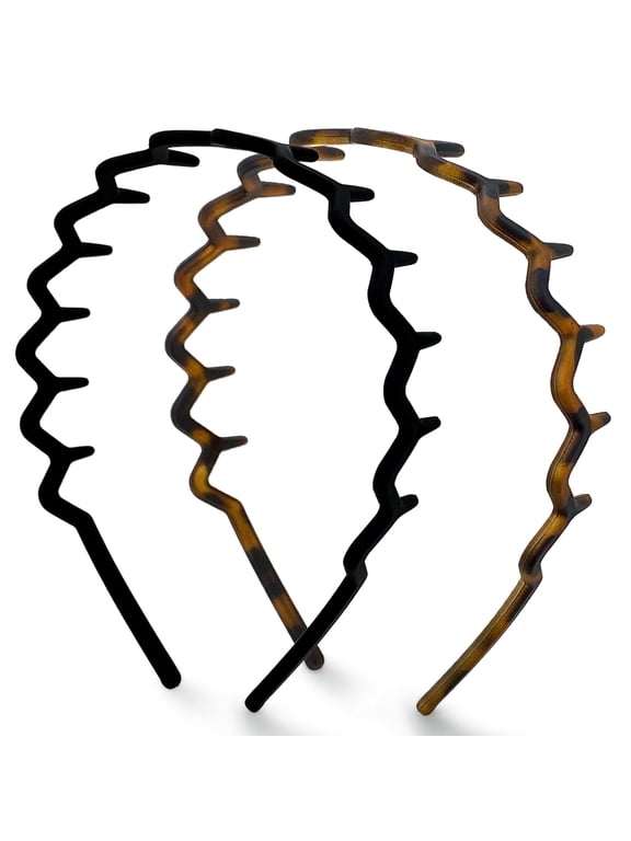 Non Slip Zig Zag Headbands with Teeth - 2 Pack Matte Black Plastic Headbands for Women & Teens, Effortless Comb Hair Bands for Slicked Back Hairstyles, Thin Skinny Hair Accessories