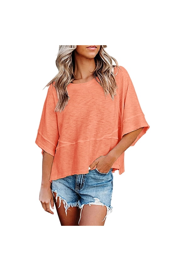 Non-Slit Patched Bell Sleeve T-Shirt Flared Crew Neck Cotton Top Patched Crew Neck Flared Blouse 2026 Solid Color Casual Tees Half Sleeve Solid Casual Tops 2026 Patched Blouses Orange Xl
