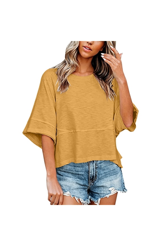 Non-Slit Patched Bell Sleeve T-Shirt Summer Casual Basic Cotton Tops Batwing Half Sleeve Flowy Blouses Summer Basic Flared Tees Patched Crew Neck Flared Blouse Athletic T-Shirts Yellow S