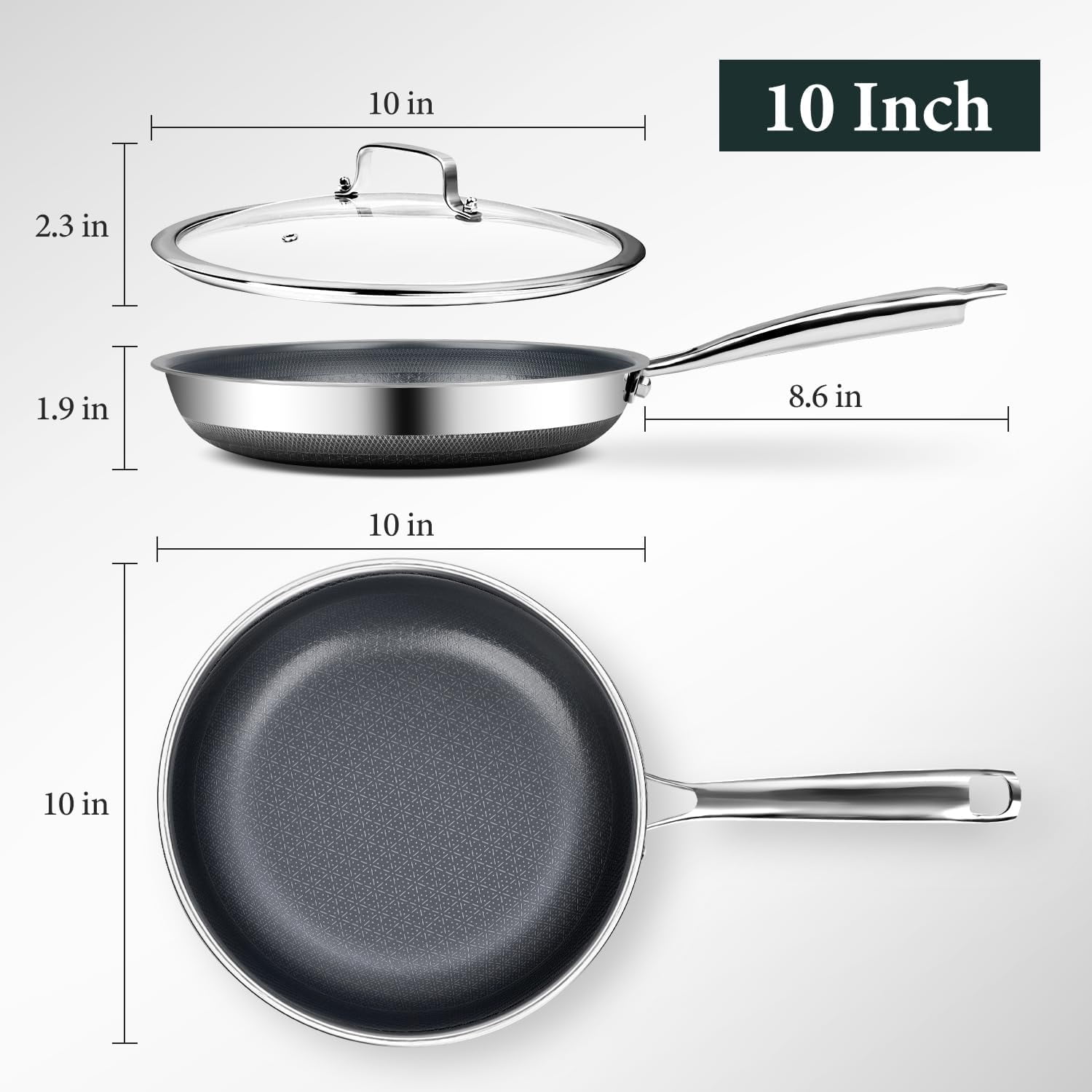 Non Stick 10-Inch  Hybrid Frying Pan with Lid, Professional Cookware for All Stovetops
