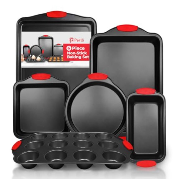 Non-Stick 6-Piece Baking Pan Set BPA-Free Carbon Steel Bakeware Set with Silicone Handles Stackable Kitchen Oven Set Cookie Sheet Baking Tray Baking Sheet Set Oven Safe 446F
