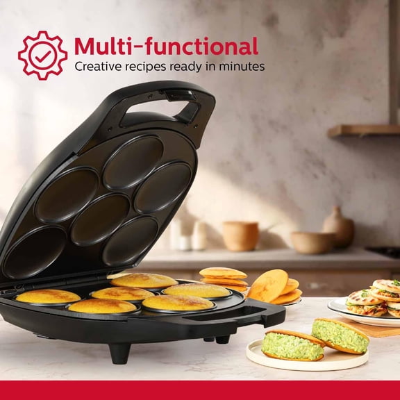 Non-Stick 6-Section Multi-Food Maker - Arepas, Mini Pancakes, Corncakes and More, 6-PC, Matte Black