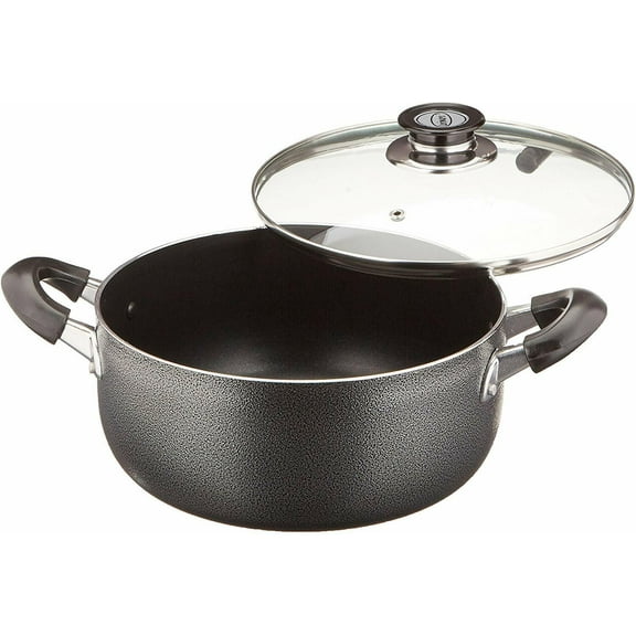 Non Stick Aluminum Cooking Sauce Pot With Vented Glass Lid 5 Quart, Black