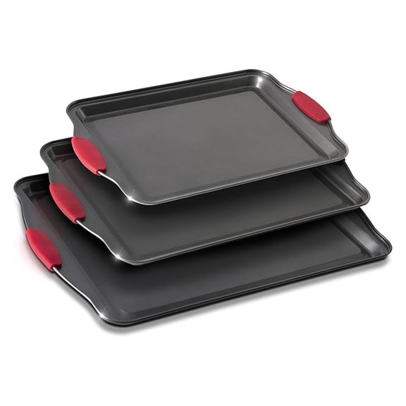 Non Stick Baking Pans Cookie Sheets for Baking with Red Silicone Handles 3pc Set Large, Black