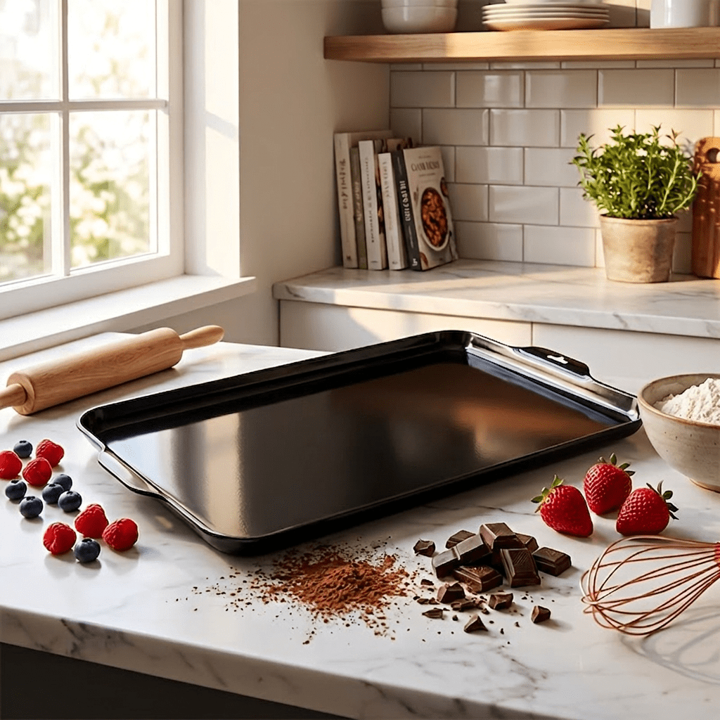 Non Stick Baking Sheet Oven Tray, Heat Resistant, Easy Clean Rectangular Cookie Pan for Cookies, Cakes & Bread  Home Baking Essential