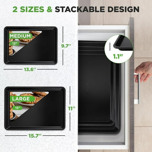 Non-Stick Baking Sheet Pan Set, Large & Medium Size, Stackable Cookie Sheets for Oven, & Dishwasher Safe