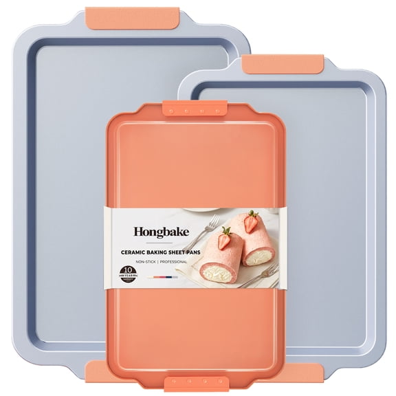 HONGBAKE Non Toxic Ceramic Cookie Sheets for Baking, 3-piece Non Stick Baking Sheet Pans for Oven, Heavy Duty Aluminized Steel Baking Pans Set with Silicone Handles -Orange