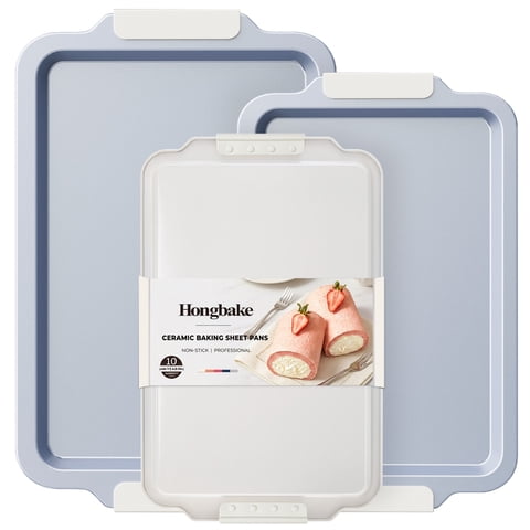 HONGBAKE Non Toxic Ceramic Cookie Sheets for Baking, 3-piece Non Stick Baking Sheet Pans for Oven, Heavy Duty Aluminized Steel Baking Pans Set with Silicone Handles -Cream