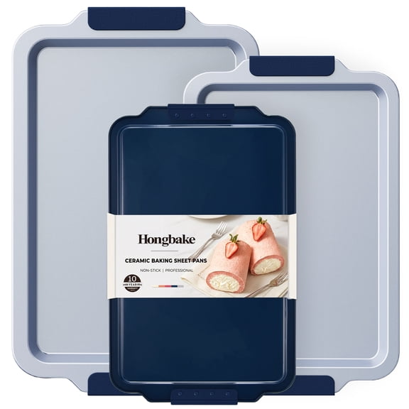 HONGBAKE Non Toxic Ceramic Cookie Sheets for Baking, 3-piece Non Stick Baking Sheet Pans for Oven, Heavy Duty Aluminized Steel Baking Pans Set with Silicone Handles -Navy