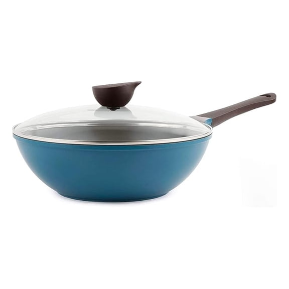 Non Stick Ceramic Chef Wok with Glass Lid Deep Blue 12 Inch