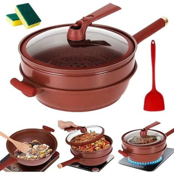 Non-Stick Clay Wok,12.6 Inch Pottery Clay Frying Pan 2 in 1 Multifunctional Cooking Pan with Steamer Basket Frying Pan and Steamer  Pressure Pot$$Home Decor, Kitchen, & Other