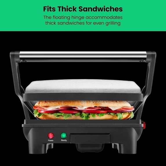 Non-Stick Coated Plates, Opens 180 Degrees to Fit Any Type or Size of Food, Stainless Steel Surface and Removable Drip Tray, 4 Slice, Black