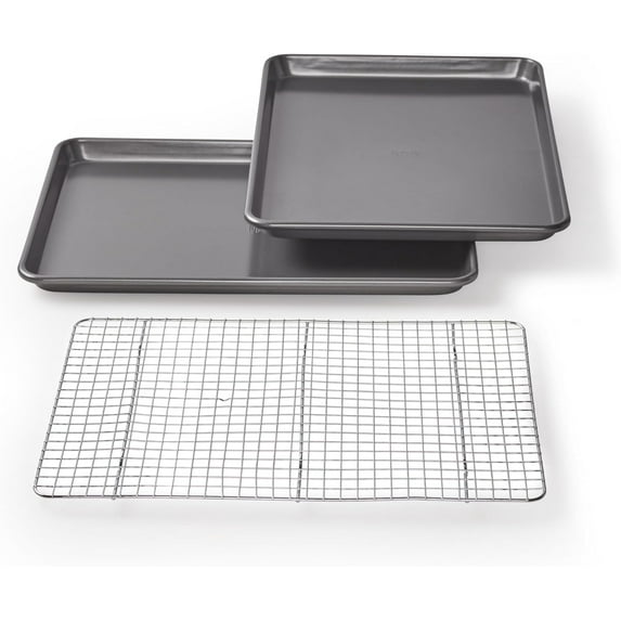 Non-Stick Cookie and Jelly Roll Pan Set with Cooling Rack, 17 by 12.25 Inches, Durable Bakeware for Even Baking and Easy Release