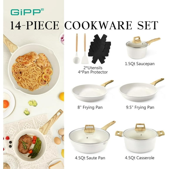 Non Stick Cookware Set 14 Pcs White  Kitchen Pots and Pans with Silicone Utensils PFOS & PFOA