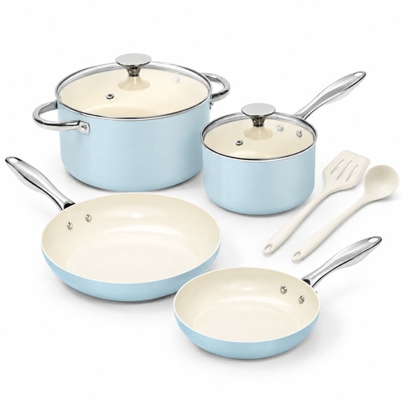 Non Stick Cookware Set, 8-Piece Titanium-infused Ceramic Pots and Pans with Silicone Utensils, Induction Compatible, Blue Aluminum