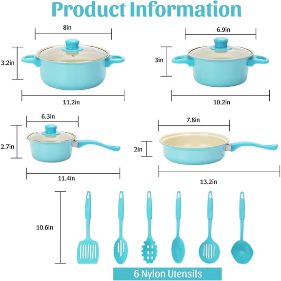 Non-Stick Cookware Set, Portable Lightweight Cast Iron Pots and Pans with Glass Lids and Nylon Utensils - 13 Piece Set Blue for Outdoor Camping Picnic Travel$$Home Decor, Kitchen, & Other