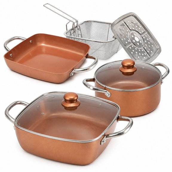 Non-Stick Copper Cookware Set, 7-Piece with 9.5" Deep Fry Pan and Round Pot, Induction-Ready and Oven Safe