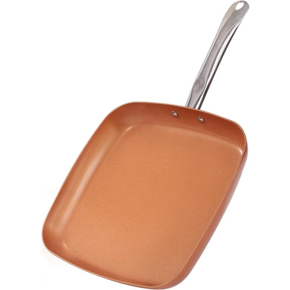 Non-Stick Copper Square Frying Pan, 12" Chef Skillet with Ceramic Coating, Oven Dishwasher Safe, PFOA-Free, Use for Stoves