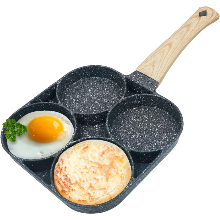 Non-Stick Egg Frying Pan with Wooden Handle - 4 Holes for Pancakes