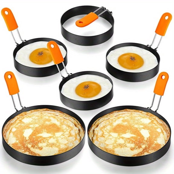 Non-Stick Egg Pancake Rings with Orange Silicone Handles, Round Shapers for Omelets Sandwiches, Even Heat, Easy Clean, Home Commercial Breakfast Tool