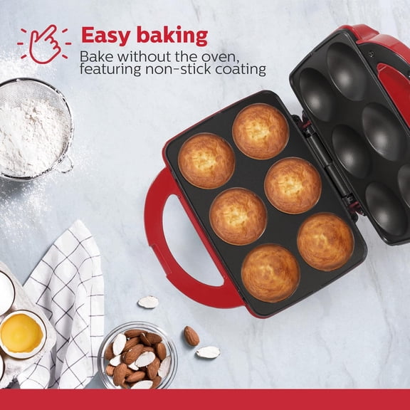 Non-Stick Electric Cupcake Maker - 6 Count Red Baking Machine for Muffins Pizza Cinnamon Rolls
