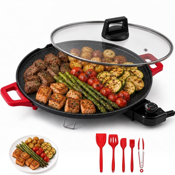 PRTYY 16-inch Electric Griddle, 2500W Non-Stick Grill and Griddle with Glass Lid, Kitchen Appliances